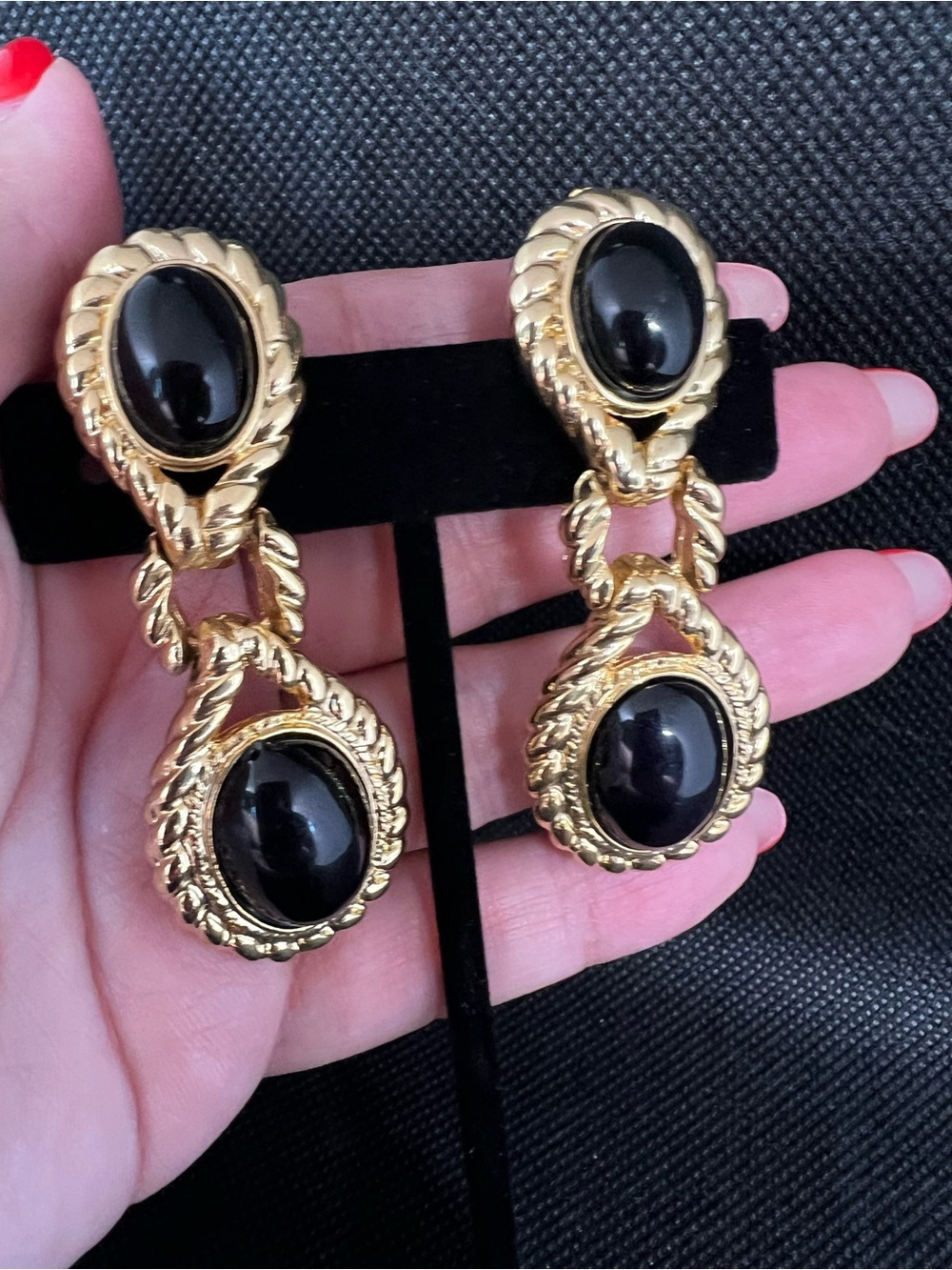 Gold-Tone Black Stone Drop Earrings- Vintage New Old Stock